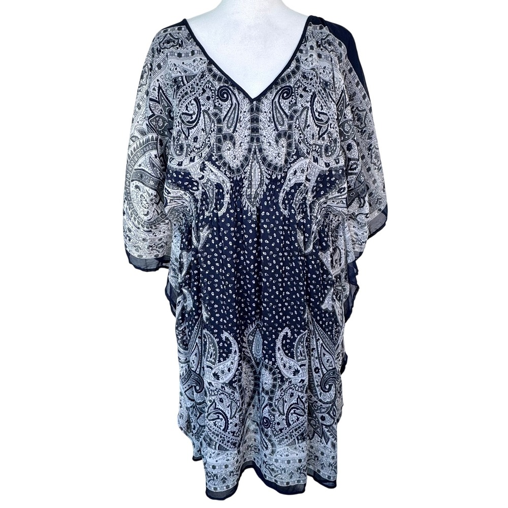 SPEED CONTROL‎ NEW YORK Women's 1X Navy Blue Paisley Kaftan Dress Boho Cover Up